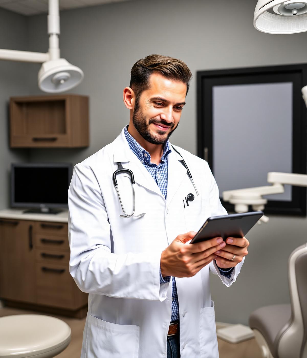 Dentist reviewing performance dashboard on a tablet